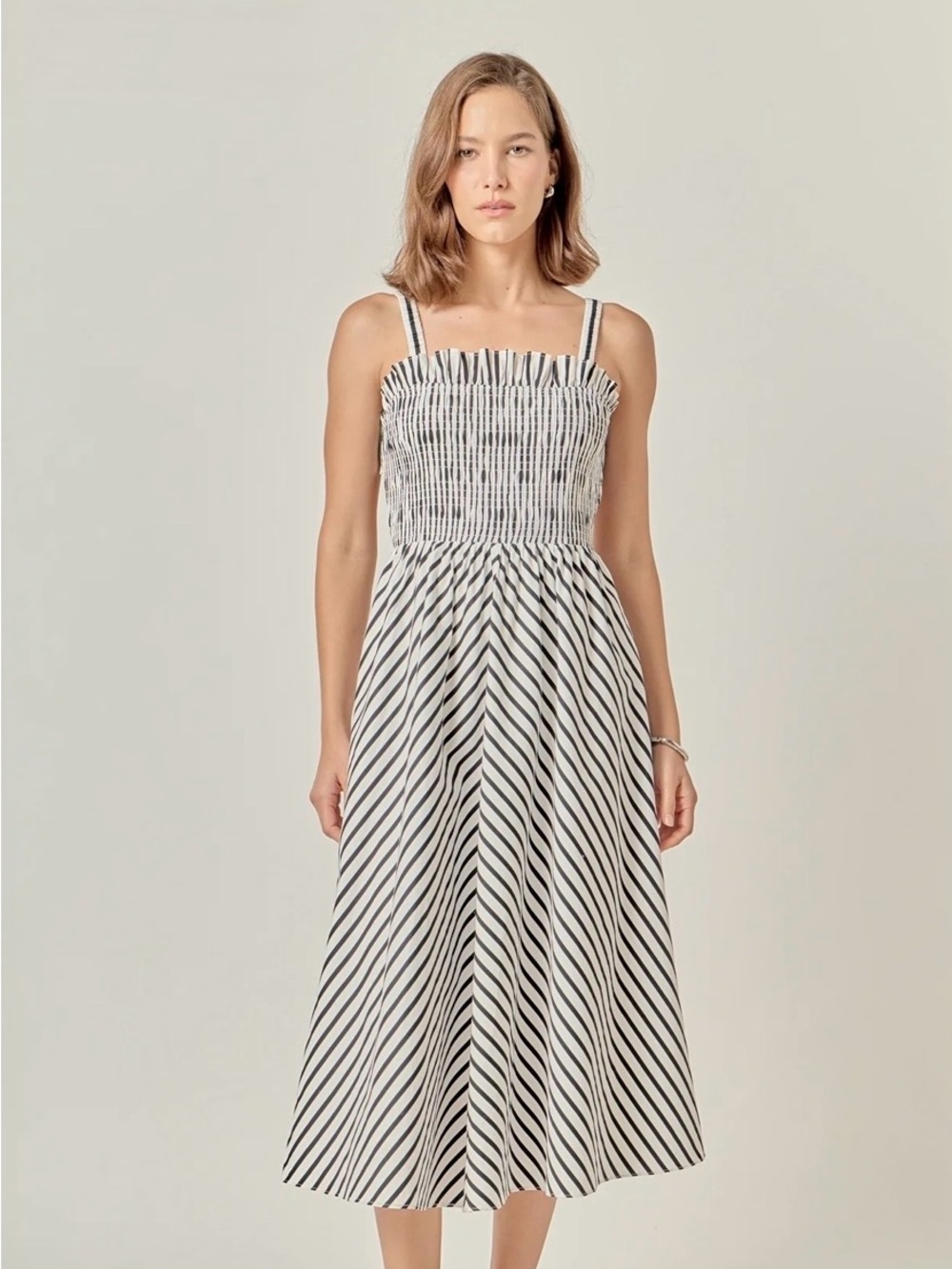 English Factory Dress NEW Smocked Striped Midi Black & White Summer Fun Medium